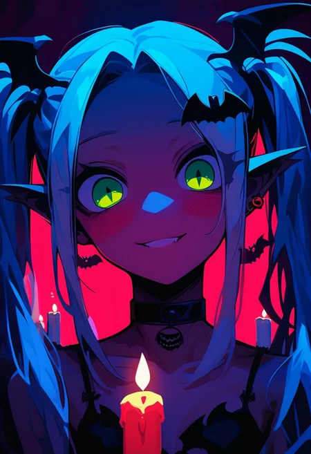 score_9, score_8_up, score_7_up, score_6_up, NLSTN, 1girl, 25 years old, perfect face, close view, cute, petite, green eyes, goth, white hair, long hair, twintails, parted bangs, pointy ears, red earrings, jewelry, bat hair ornament, black choker, bat bra, halloween, candles, blush, shy smile, portrait, face focus, detailed face, glowing, dark
