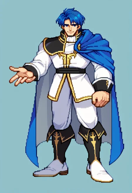 score_9, score_8_up, score_7_up, source_anime, BREAK, solo, 1boy, smile, looking at viewer, <lora:Sigurd-pdxl_Fp:1>, sigurdfe4, blue eyes, blue hair, short hair, white coat, white pants, collar, armor, blue cape, long sleeves, boots, <lora:CPS2-pdxl_Fp:1>, full body, simple background, looking at viewer, standing, pixel art,