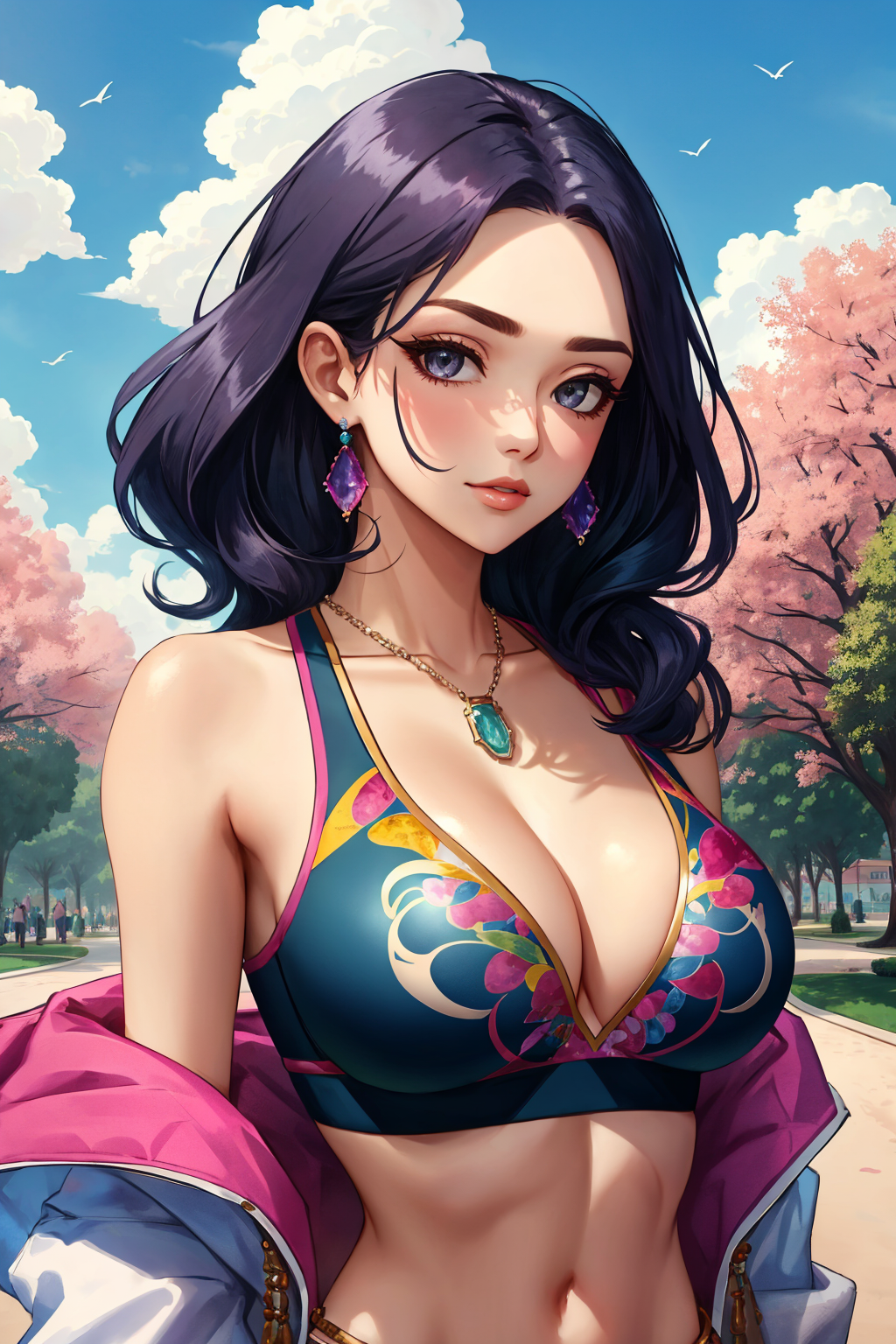 gems, <lora:Gem-Studded-V1:1>, cleavage, sports bra, detailed face, colorful clothing, park, sky, trees