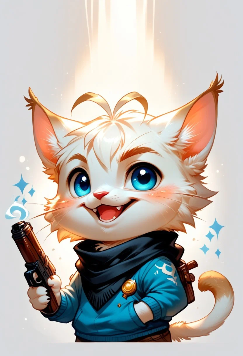 score_9, score_8_up, score_7_up, source_furry, solo, adorable cat, male, anthropomorphic, partial body, close view, blue sweater, black scarf, silly, pointing a gun at the viewer, (white fur, blue eyes, antenna, chibi body:1.4), (indirect lighting, dynamic lighting:1.4), Simple background, (detailed image, high resolution, 5k resolution:1.0), (las lindas art style:0.90), (chibi Art Style:0.80)