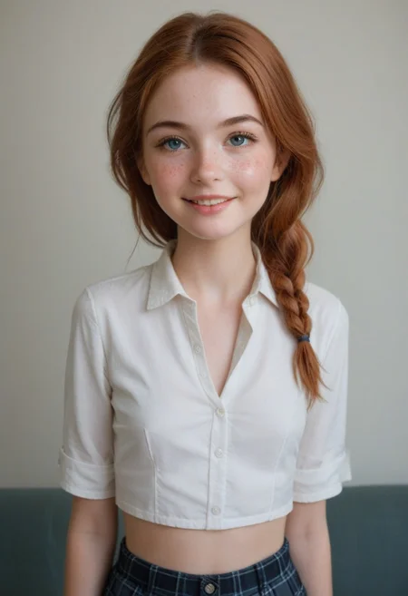 score_9, score_8_up, score_8, score_9, high detail, highres, realistic, 1girl, child, small girl with freckles, tiny, young, gorgeous, (cute:1.5), epiCRealism, a redhead girl, hands behind the back, arms behind the back, cute face, slim face with a pointy chin, small nose, big welcoming eyes, beautiful, long eyelashes, wavy long blond hair, smile, happy, freckles, ((Fixhand)), small waist, single braided ponytail, she is a sophomore student wearing an unbuttoned long-sleeve white blouse, cropped blouse, open unbuttoned white blouse, no tie, midriff, the university coat of arms embroidered upon the left side of the blouse, smile, perfect eyes with long eyelashes and a mischievous look, looking at viewer, dark blue plaid miniskirt, parted lips,T-strap shoes, book bag,textbooks and notebooks, extremely detailed background of an outdoors view of campus university, (cowboy shot:1.5), natural skin texture with some freckles, (detailed light:1.2), (colorful, dynamic angle), Fixhand