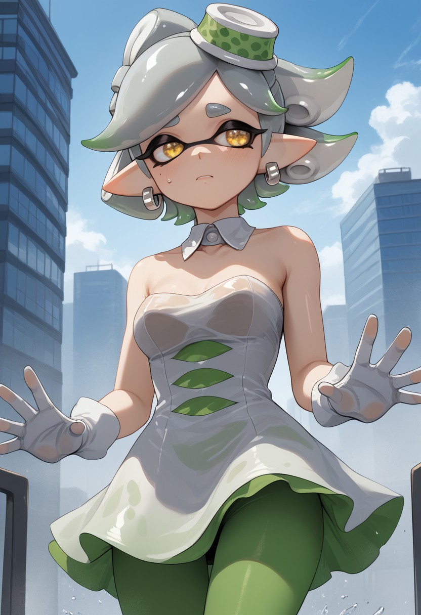 score_9, score_8_up, score_7_up, masterpiece, 4k, high quality, best quality, imtdmariest, 1girl, tentacle hair, pointy ears, mode under eye, + +, yellow eyes, short hair, grey hair, earrings, dress, white gloves, green pantyhose, detached collar, strapless dress, bare shoulders, Focus Marie, on a sky scrapers in a movable platformers cleaning the side of the skyscraper with a  squeegee with water falling off the squeegee and running down the windows her outfit is a bit wet and thus see through, breasts pressed to glass, titglass