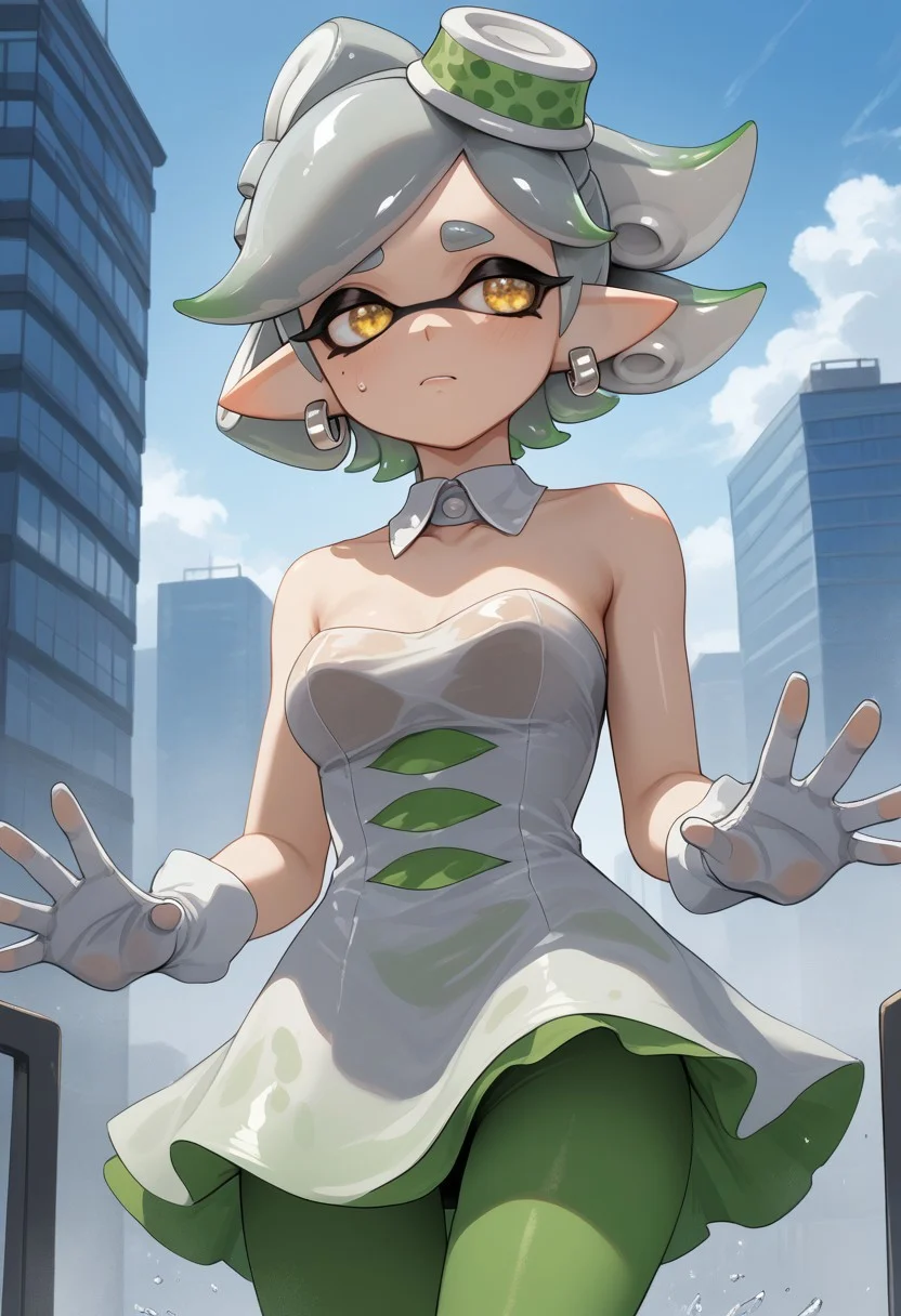 score_9, score_8_up, score_7_up, masterpiece, 4k, high quality, best quality, imtdmariest, 1girl, tentacle hair, pointy ears, mode under eye, + +, yellow eyes, short hair, grey hair, earrings, dress, white gloves, green pantyhose, detached collar, strapless dress, bare shoulders, Focus Marie, on a sky scrapers in a movable platformers cleaning the side of the skyscraper with a squeegee with water falling off the squeegee and running down the windows her outfit is a bit wet and thus see through, breasts pressed to glass, titglass