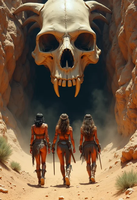 female barbarian warriors, scantily clad in leathers and furs, walking on a dusty landscape out of a cave, in a mountainside, over which a huge humanoid skull with large canines sits to form the cave roof; the canines form the sides of the cave. Hot parched landscape, late afternoon sun giving directional light, perfect composition, high contrast, great lighting, photorealistic image