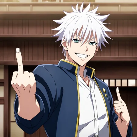 standing gojo smiling while holding up his middle finger
