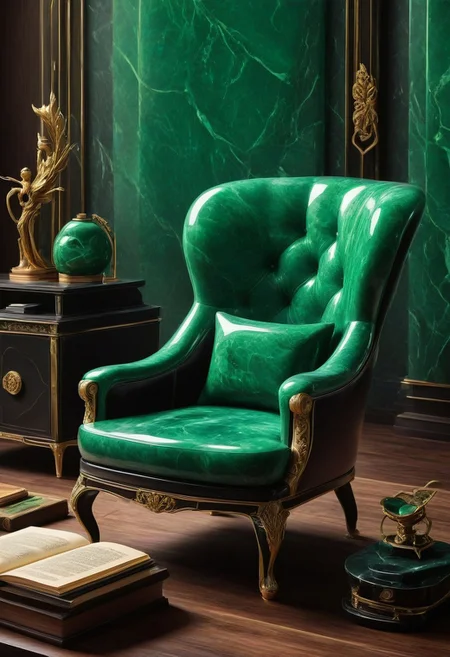 made from jade and obsidian, jade, obsidian,score_9, score_8_up, score_7_up,desk, open book, quill, paper, ink, luxurious chair, armchair, luxurious