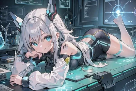 (masterpiece), (science fiction:1.4), 1girl, lying on a mirror, smile, silver hair, aqua eyes, headgear, long sleeves, detached sleeves, glowing energy clothing