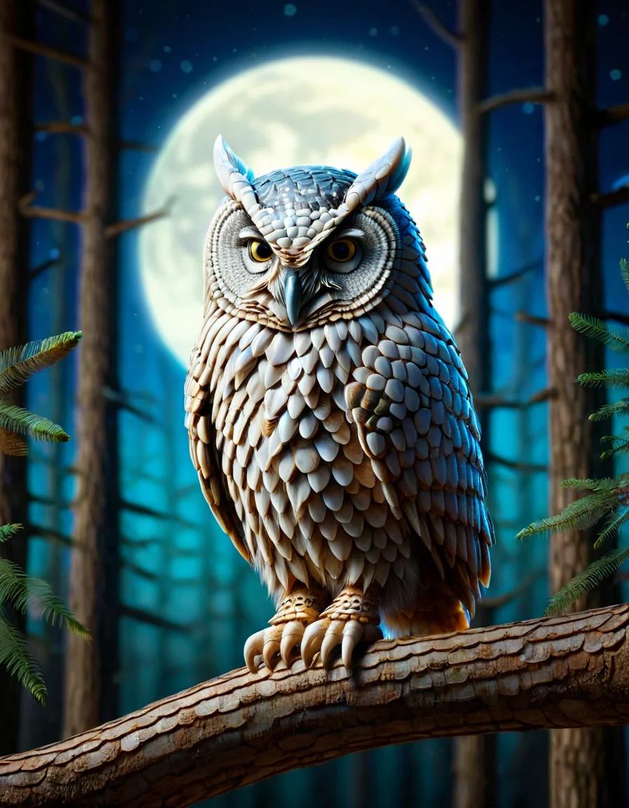 an owl in a mythical forrest, at night, bright sky <lora:ral-armdszn:1> ral-armdszn