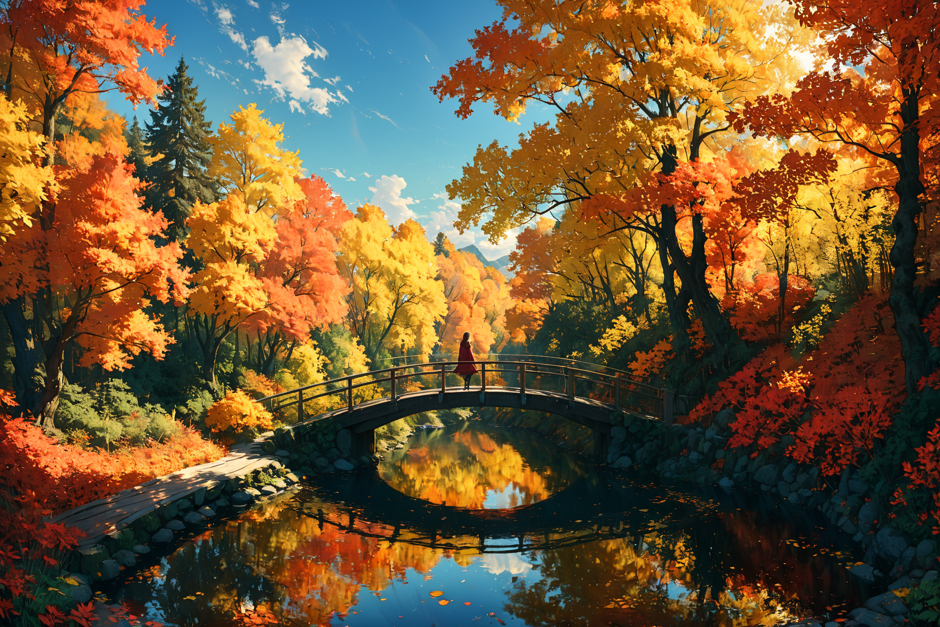 Imagine a serene landscape in the heart of autumn, where the vibrant hues of red, orange, and yellow leaves contrast strikingly against a clear, azure sky. A gentle river meanders through the scene, reflecting the brilliant colors of the trees on its smooth surface. In the foreground, a small wooden bridge arches over the river, inviting onlookers to cross. A solitary figure, clad in a cozy sweater and scarf, stands on the bridge, pausing to take in the breathtaking view. The air is crisp and filled with the subtle scent of falling leaves, creating a sense of peace and tranquility. This picturesque setting captures the essence of autumn's beauty and the reflective mood it inspires.. <lora:Lost_In_Dreams:0.6> <lora:xl_more_art-full_v1:0.6>, (masterpiece:1.2), best quality, (hyperdetailed, highest detailed:1.2), high resolution textures