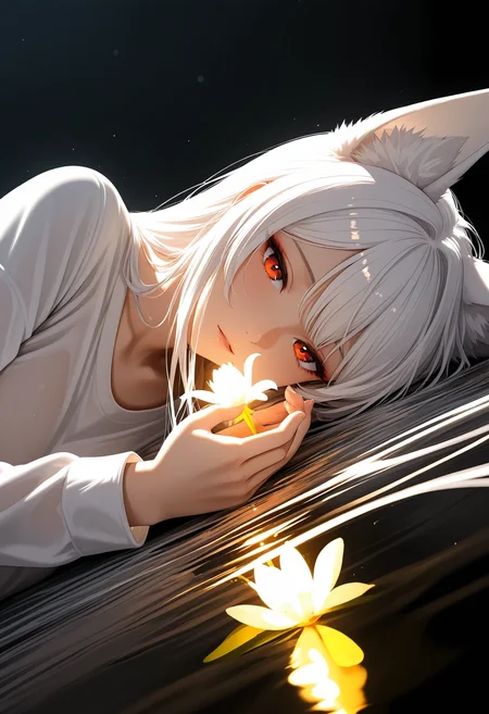 <lora:illustriousXL_stabilizer_v1.3:0.6><lora:touching_grass_v0.2:0.9>1girl,fox ears,red eyes,white hair,long hair,white shirt,long sleeves,lying,on side,glowing flower,water ripples,light particles,black background,depth of field,ambient light,masterpiece,