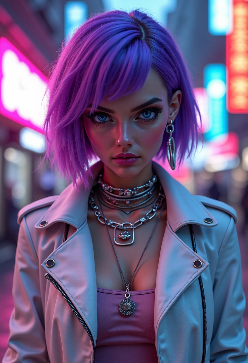 A cyberpunk woman with bright purple hair, wearing a white leather jacket, stands in a neon-lit city. Her eyes are a piercing blue, and she stares directly at the viewer with a confident, almost defiant expression. Her lips are a soft, pink color, and she wears a variety of silver necklaces and earrings.
[Digital art, photorealistic, cyberpunk aesthetic], [Inspired by the work of Beeple and Greg Rutkowski], [Neon lighting, soft focus, high contrast, detailed textures, blurred background, 3D rendering]