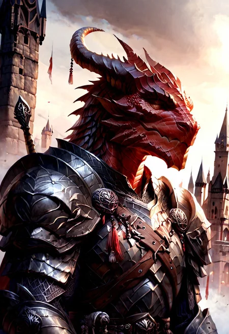 score_9, score_8_up, 8, score_7_up, score_6_up, solo, massive dragonborn with strong armor, red scale dragonborn, in the cathedral , dutch angle, scale mail armor, 40 year old, FFAOR,