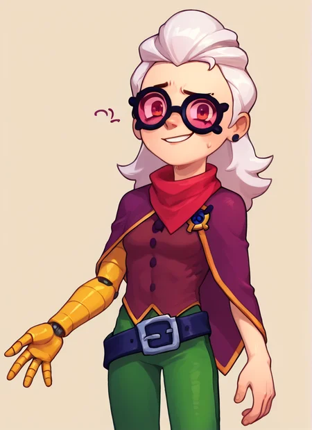 score_9, score_8_up, score_7_up, <lora:bsbelle :1> 1 girl , bsbelle , white hair, tinted eyewear ,purple capelet,red scarf, single mechanical arm, single arm , brown shirt , green pants ,belt , solo , <lora:PossumMachine:1>posmach , confused, looking at viewer, nervous smile,