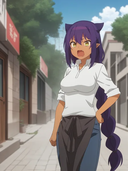 score_9, score_8_up, score_7_up, score_6_up, score_5_up,
1girl, dark_skin, yellow_eyes, purple_hair, braided_ponytail, medium_breasts, white_shirt, pointed_ears, animal_ears, apron,  open_mouth, fang, jeans, denim, 
<lora:The_Great_Jahy:1>