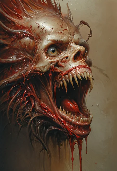 Boris Vallejo style, borisvallejo, realistic, retro artstyle, score_9, score_8_up, score_9_up, very detailed, ultra realistic, (best quality) full body, very detailed masterpiece, scary big hooror face  covered with flesh and veins, wet bloody flesh, lidless eyballs, wid eopened mouth, blood, saliva, fangs, sureal mood, scary, realistic realistic, realism, photo realistic oil painting, photo realistic painting