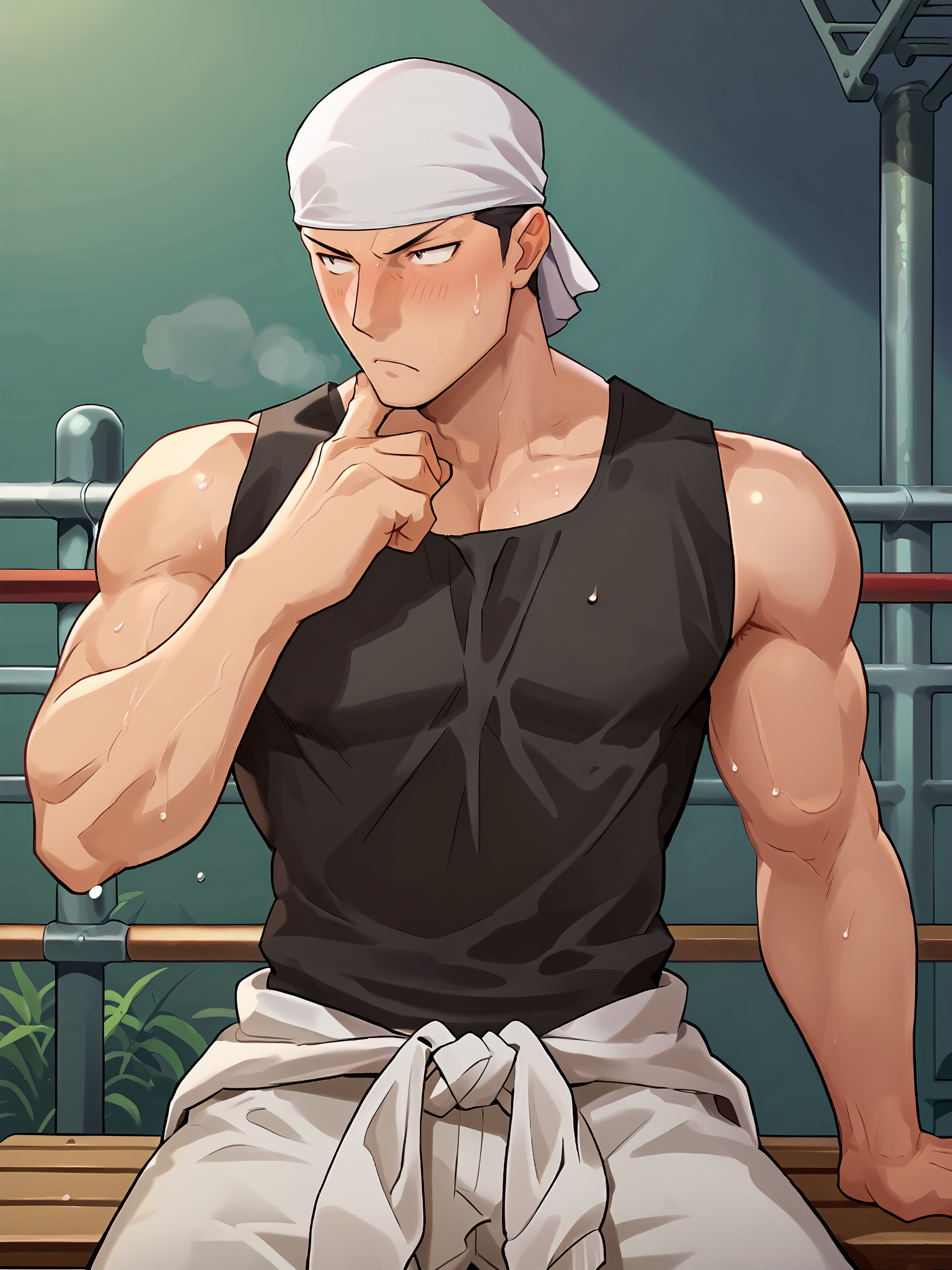 score_9, score_8_up, score_7_up, hires, cowboy shot, anime screenshot, official art, BREAK,
NSFW, 1boy, solo male,
<lora:Komaba_Ichirou_Silver_Spoon:0.8> k0maba, black hair, black eyes,
black sleeveless shirt, clothes around waist, bandana, 
batting cage, bench, sitting, 
looking to the side, looking away, 
sidepec, sweaty, arm on chin, biceps,
serious, blushing,
<lora:Smooth Anime 2 Style SDXL_LoRA_Pony Diffusion V6 XL:0.7>