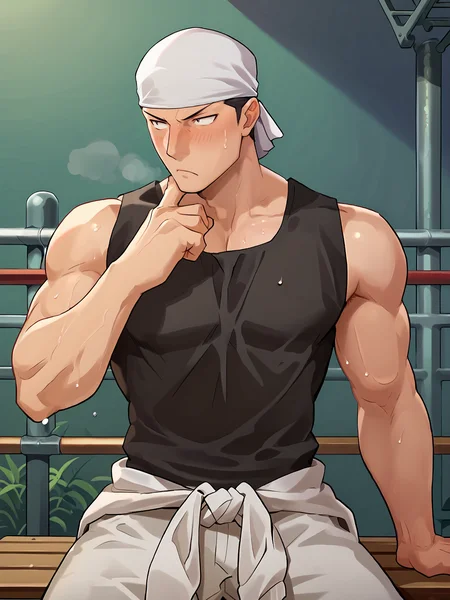 score_9, score_8_up, score_7_up, hires, cowboy shot, anime screenshot, official art, BREAK,
NSFW, 1boy, solo male,
<lora:Komaba_Ichirou_Silver_Spoon:0.8> k0maba, black hair, black eyes,
black sleeveless shirt, clothes around waist, bandana,
batting cage, bench, sitting,
looking to the side, looking away,
sidepec, sweaty, arm on chin, biceps,
serious, blushing,
<lora:Smooth Anime 2 Style SDXL_LoRA_Pony Diffusion V6 XL:0.7>