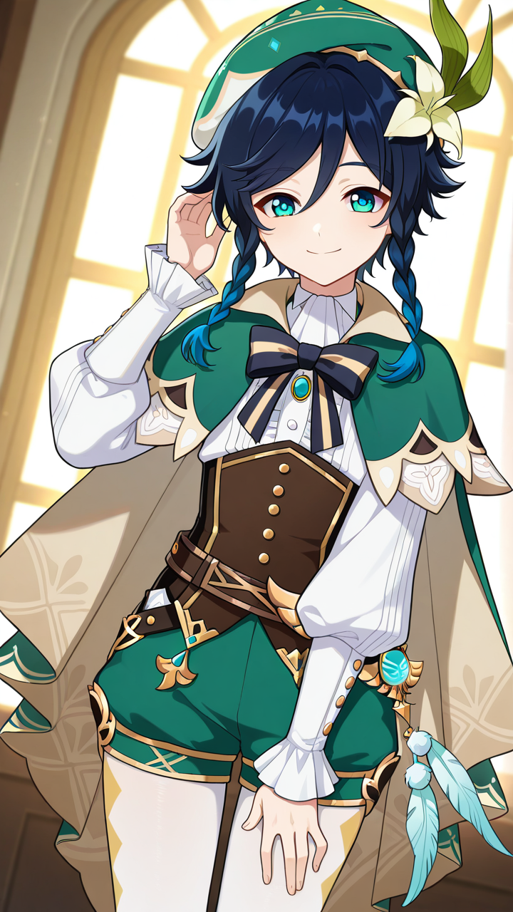 smile, solo,, masterpiece, best quality, amazing quality, very aesthetic, absurdres, newest, anime screencap, <lora:ventiILM:1>, venti (genshin impact), short hair with long locks, aqua hair, green eyes, aqua eyes, blue hair, black hair, braid, gradient hair, twin braids, side braids, hair between eyes, androgynous, beret, vest, collared cape, green hat, green cape, cecilia flower (genshin impact), green shorts, hat flower, white flower, hair flower, hair ornament, black bow, bow, bowtie, frilled sleeves, frills, long sleeves, striped bow, white pantyhose, pantyhose under shorts, white shirt,