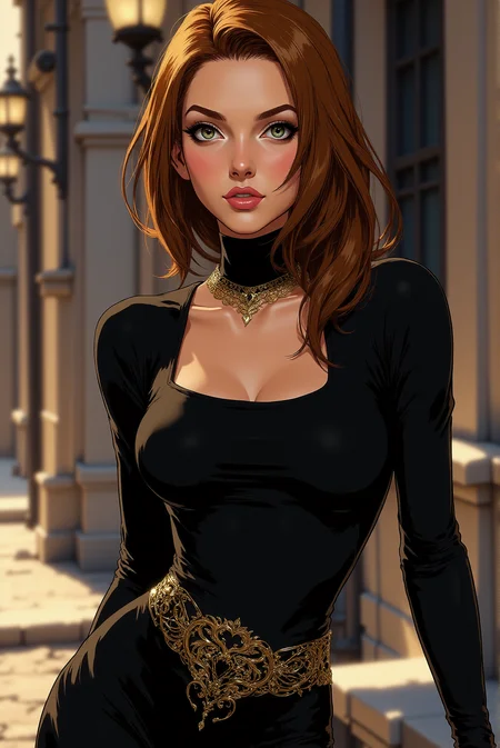<lora:FANCHA_v.6:0.8> A highly detailed, digital photorealistic colors comic book inspired artwork features a feminine yet slender female character Alena. Mischievous smirk, sly yet friendly expression and elegant, toned posture. She wears an exquisite, (strict) yet intriguing and captivating outfit. (Realistic, natural body proportions. Photogenic, graceful pose).