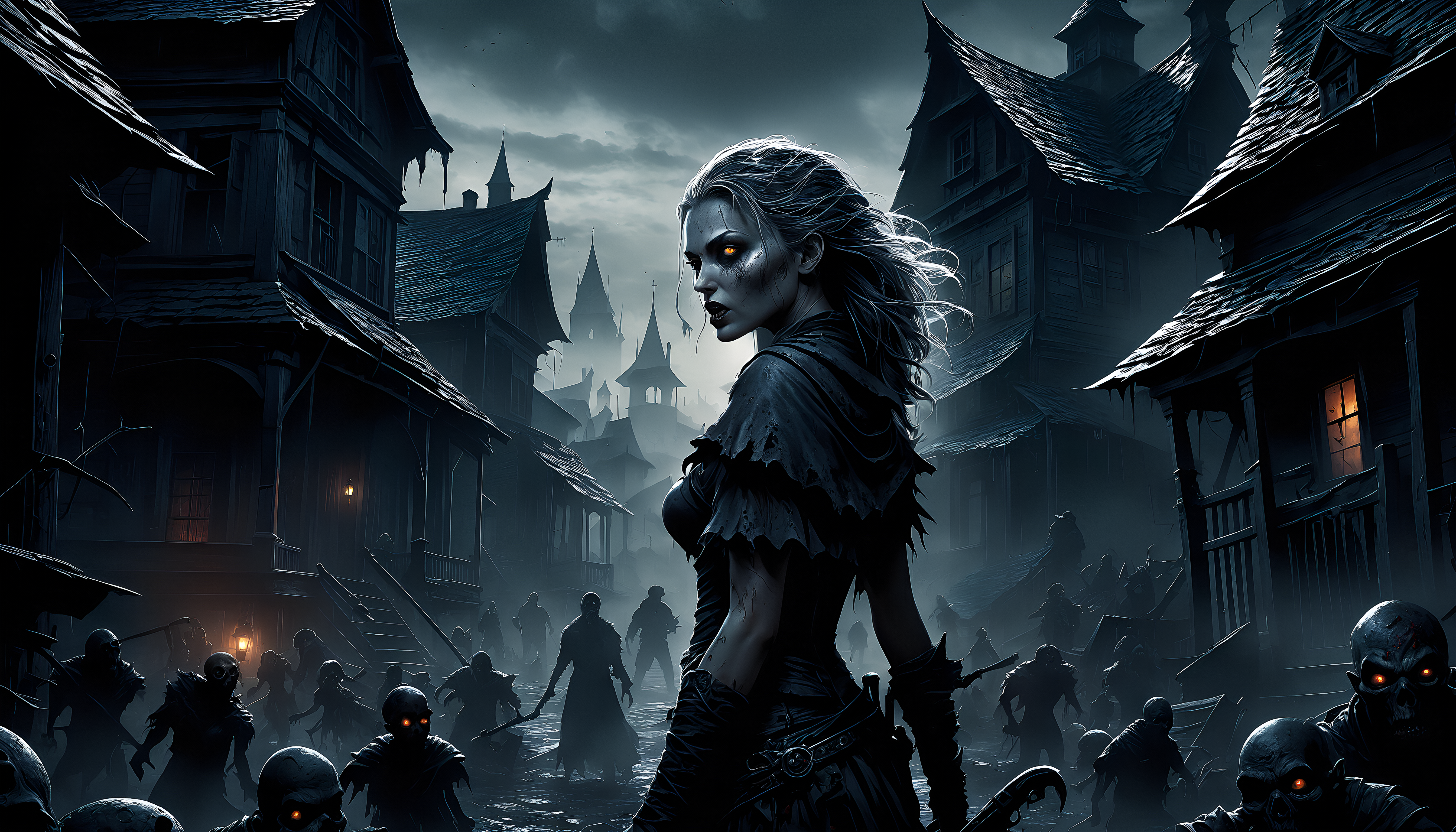 (detailed background, ultra detailed, 8k UHD), Dark Fantasy Page, a female shape-shifter in a Zombie-infested Town