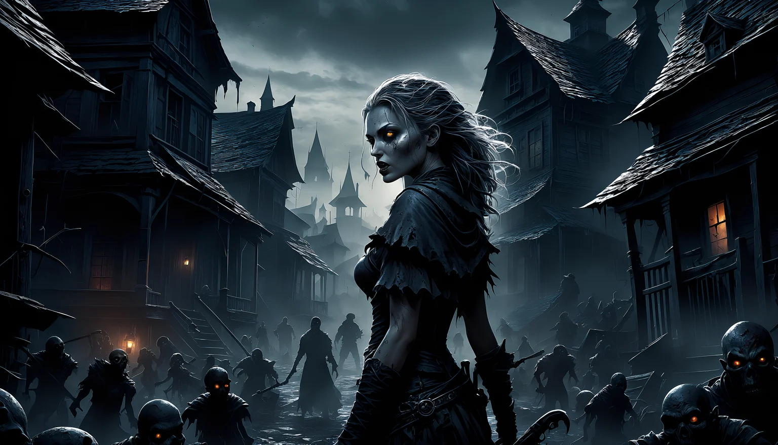 (detailed background, ultra detailed, 8k UHD), Dark Fantasy Page, a female shape-shifter in a Zombie-infested Town