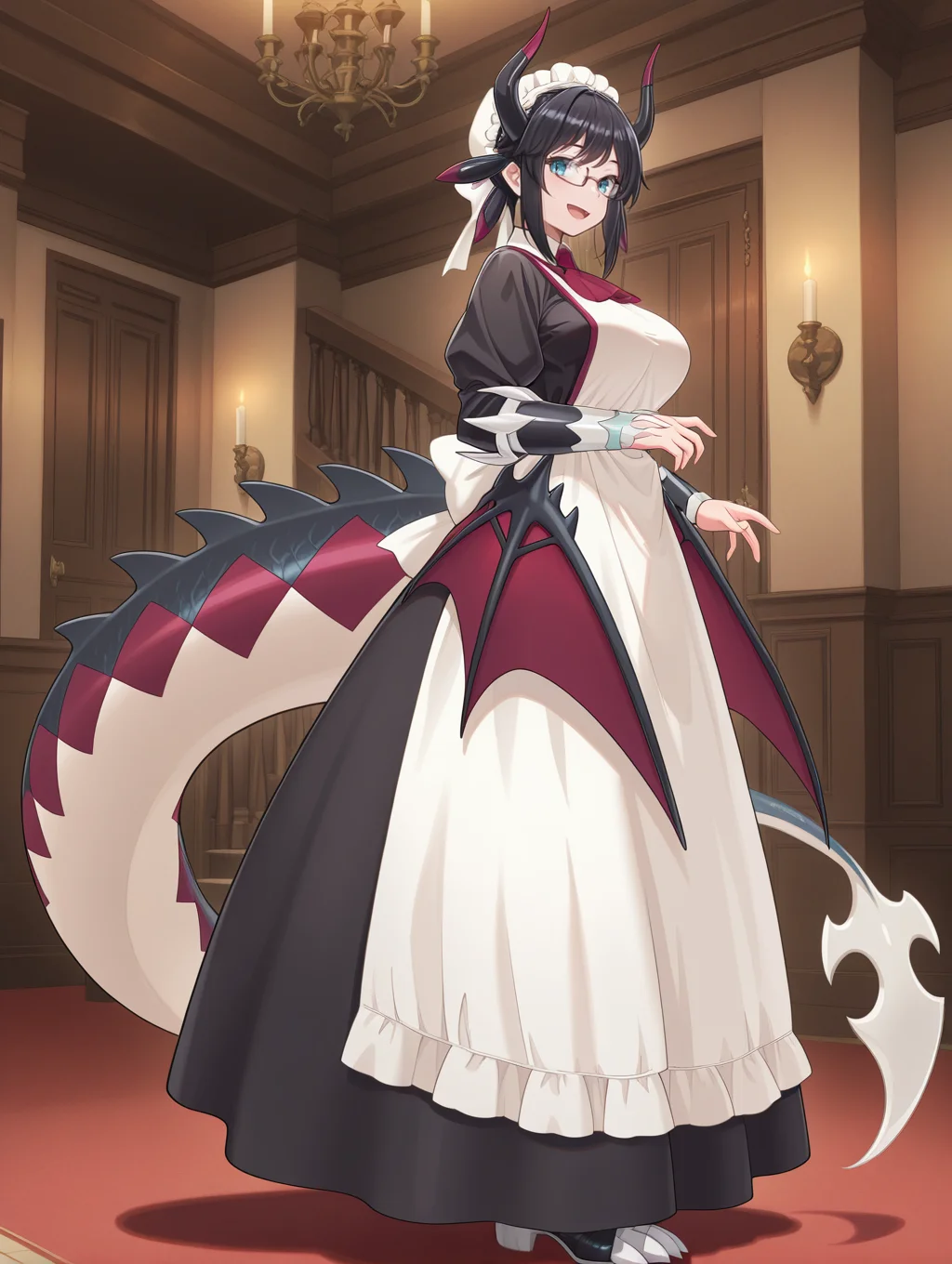dragon girl, house dragonmaid, 1girl, solo, black under-rim eyewear, indoors, stair, open mouth, smile, looking at viewer, from side, standing, full body, large breasts, sidelocks, red ascot, black maid dress, low dragon wings, silver vambraces, white mob cap, black claw boots,
masterpiece,best quality,amazing quality,very aesthetic,absurdres,newest,<lora:House dragonmaid illuXL v1:0.75>,