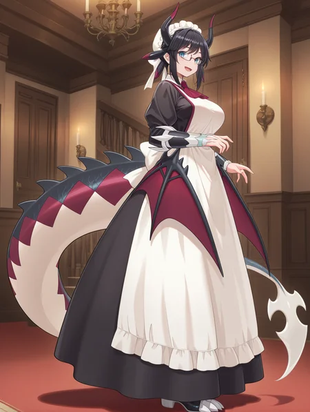 dragon girl, house dragonmaid, 1girl, solo, black under-rim eyewear, indoors, stair, open mouth, smile, looking at viewer, from side, standing, full body, large breasts, sidelocks, red ascot, black maid dress, low dragon wings, silver vambraces, white mob cap, black claw boots,
masterpiece,best quality,amazing quality,very aesthetic,absurdres,newest,<lora:House dragonmaid illuXL v1:0.75>,