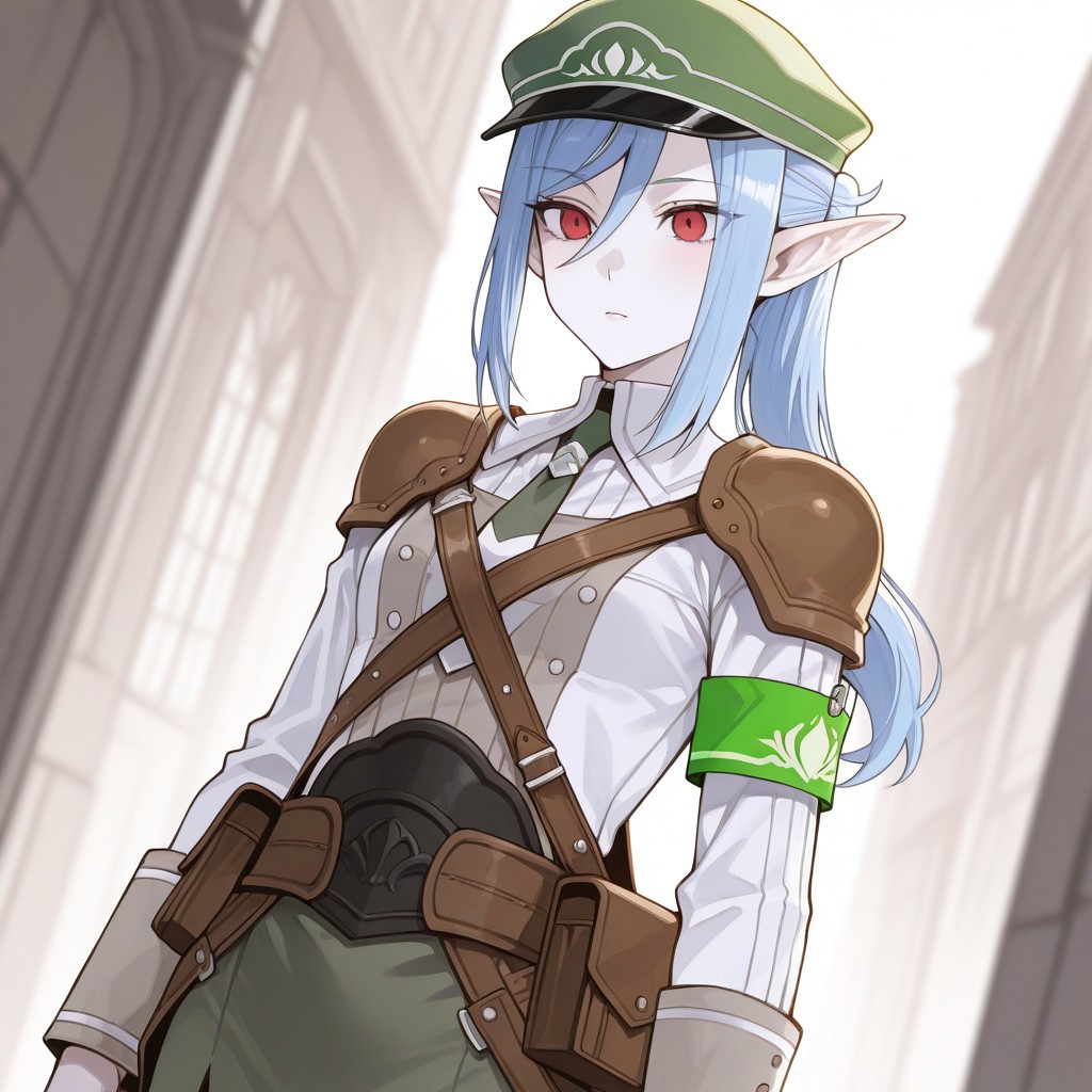 (best_quality, detailed, masterpiece, very_aesthetic, absurdres), general, (zuharu:0.8), (modare:0.5), sas \(ls08b\)
BREAK
1girl, small breasts, white skin, upper_body, adult, dynamic angle, blurry background
BREAK
RF5Scarlett, long hair, blue hair, pointy ears, elf, hair between eyes, ponytail, red eyes, long sleeves, green headwear, armor, shoulder armor, green armband, pauldrons, shirt, military uniform, sidelocks, green pencil skirt, necktie, ribbon, bag, jacket