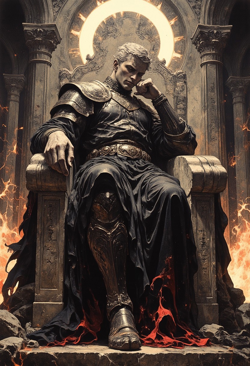 Portrait of a king-like figure seated in a relaxed, commanding pose atop a throne, The character leans back with one leg draped over the arm of the throne, exuding an air of dominance and confidence. His head tilts slightly, resting on a fist, with an intense yet amused expression. The character wears dark, ornate armor adorned with crimson accents and a mantle of shadowy feathers cascading over the back of the throne. The dynamic lighting highlights the texture of the throne and his intricate crown, which resembles a fractured halo glowing faintly. The background reveals a cavernous hall with towering stone walls etched with glowing runes, flickering torches, and cascading shadows, reinforcing the atmosphere of dark fantasy royalty.