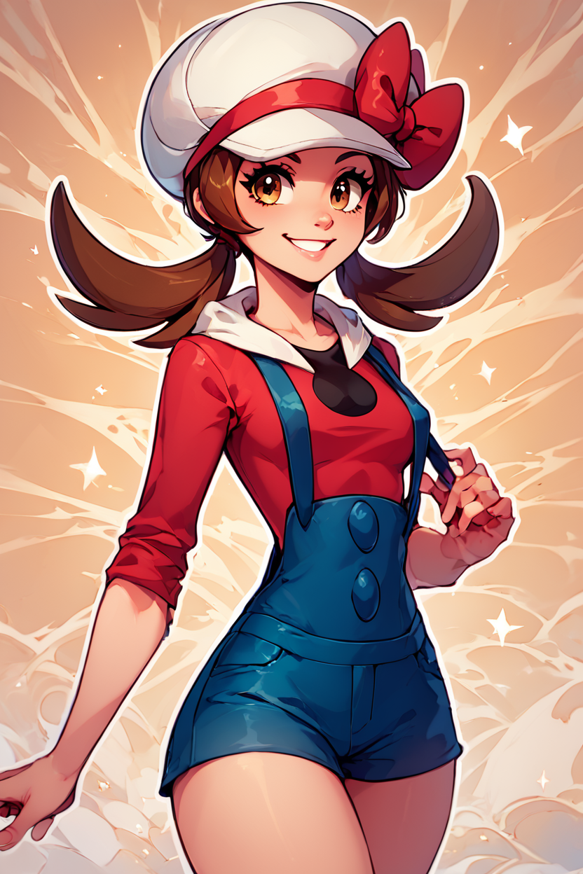score_9, score_8_up, score_8, medium breasts, (curvy), cute, eyelashes,       BREAK, , ,,, zzLyra, brown eyes, brown hair, twintails, long hair, white cabbie hat, red hat bow, red shirt, blue overalls, <lora:Lyra_Pokemon_PDXL:1.0>, ,,,, BREAK, smile, looking at viewer, ,,, abstract background, white outline, cowboy shot, ,,, embedding:zPDXL, Expressiveh, ,,, <lora:CatalystStylePDXL:0.6>, <lora:SDXLFaeTastic2400:0.5>, <lora:Expressive_H-000001:0.4>,