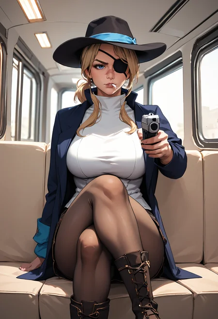 score_9, score_8_up, score_7_up BREAK 1girl, solo, ground vehicle, vehicle interior, sitting, short dress, medium breasts, cigarette in mouth, smoking, eye patch, short ponytail, brown pantyhose, ((suit jacket)), aiming, handgun, pov, ((aiming at viewer)), mature female, open jacket, thighs, curvy, large breasts, high collar, crossed legs, knee boots, from side, looking at viewer, v-shaped eyebrows, scar on nose, blonde hair, blue eyes, fedora, off-shoulder coat, coat, coat over jacket, single glove,
