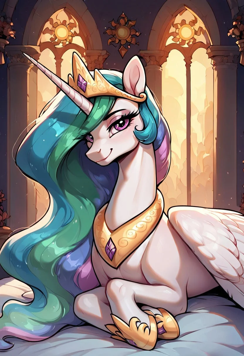 masterpiece, score_9, score_8_up, score_7_up, (best quality:1.1), ultra-detailed, high resolution, 1character, princess celestia, (((beautiful detailed eyes))), Long eyelashes, Looking At Viewer, Highly Visible, (((8k))), Source_anime, feral, pony, alicorn, female, wings, tail, royal, Lounging On Bed On Side, Looking At Viewer, Bedroom Eyes, Smirk, sharp focus, gems, perfect lighting, beautiful eyes, long eyelashes, anatomically correct, extremely detailed, shine on body, high detail, cute face, sensual, smirk, happy facial expression, Expressiveh, detailed background, OverallDetail, zPDXL2