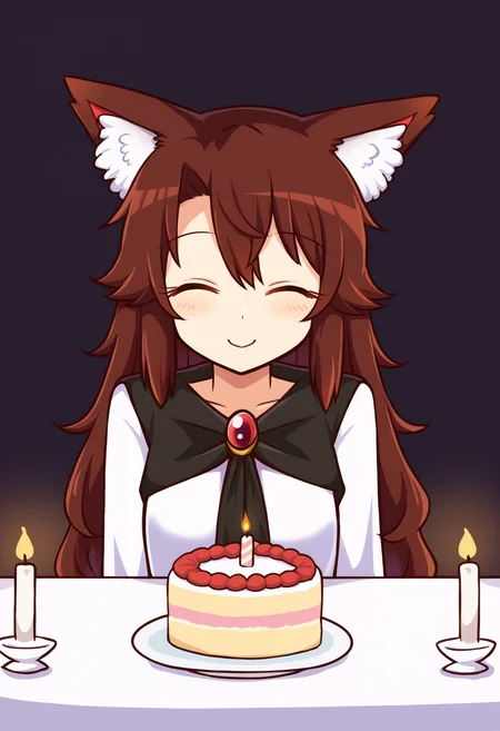 score_9, uncensored, source_anime
BREAK
imaizumi kagerou, 1girl, solo, long hair, smile, simple background, brown hair, dress, animal ears, hair between eyes, closed mouth, jewelry, upper body, closed eyes, food, white dress, animal ear fluff, fruit, table, wolf ears, black background, brooch, facing viewer, cake, candle, birthday cake
<lora:awoo_pony_v1:1>