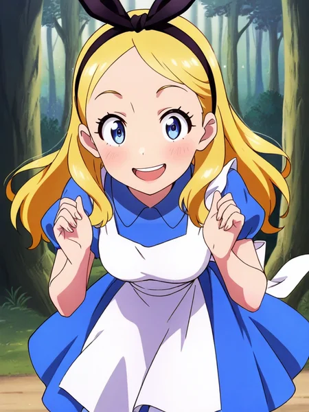 highres, hi res, best quality, masterpiece, intricate details, absurdres, 4k, anime screencap,
1girl, leaning forward, forest with a magic castle behind, magic particles, cute pose, medium breasts, surprised, smile, looking at viewer, cute, detailed landscape, cowboy shot,
<lora:AliceinWonderlandXLIllustrous_character:0.65>, AliceWaifu, blonde hair, blue eyes, white apron, blue dress, puffy sleeves, white pantyhose, <lora:mgmmzillustrious01:0.8>, black hairband,