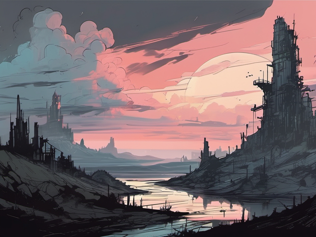inkpunk style illustration concept art of a landscape, late evening, cloudy skies <lora:IPXL_v2:0.4>