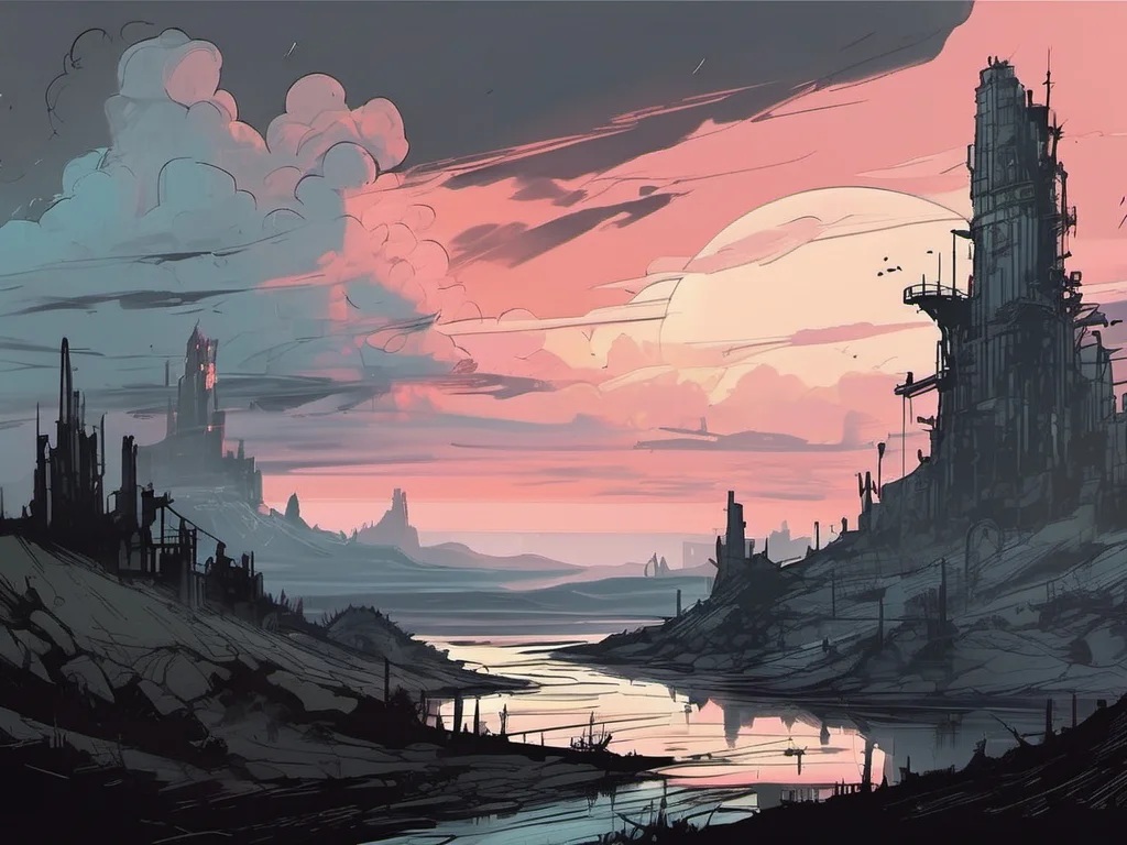 inkpunk style illustration concept art of a landscape, late evening, cloudy skies <lora:IPXL_v2:0.4>