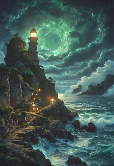 A captivating night scene illustration featuring an ancient lighthouse standing tall on a rocky island. The lighthouse, adorned with multiple windows, emits a warm glow, highlighting its intricate architecture and rich history. The rocky island is covered in lush green trees, reflecting on the calm, moonlit sea waters that mirror the silvery moonlight. The full moon graces the sky, casting an ethereal glow on the clouds and sea, while wispy clouds partially obscure its brilliance, adding to the scene's mystique. Twinkling stars dot the sky, creating a celestial tapestry that harmonizes with the moon's radiance. This enchanting artwork captures a serene and peaceful night, where the illuminated lighthouse stands resolute amidst the celestial beauty, creating a cinematic experience., illustration, cinematic
<lora:DonM3t3rn1tyXL-v1.1:0.7>, DonM3t3rn1tyXL,
OverallDetailXL  <lora:MJ52:0.3>  <lora:SDXLFaeTastic2400:0.4>  <lora:EpicF4nta5yXL:0.7>