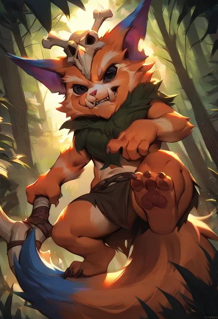 score_9, score_8_up, score_7_up, score_6_up, gn4r, 1boy, yordle, fangs, teeth, skull on head, orange fur, black eyes, tail, holding weapon, full body, forest,
<lora:Manwha_Anime_Style:1>, manhwastyle, <lora:Gnar_Default_v1:0.75>, solo, from below, looking at viewer