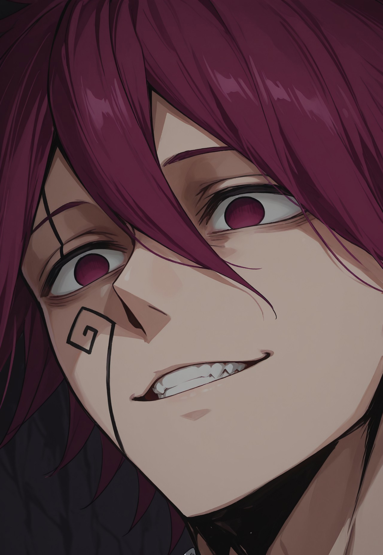 masterpiece, best quality, amazing quality, very aesthetic, absurdres, newest, detailed background, 1uoYang, 1boy, solo, male focus, facial tattoo, no pupils, purple hair, purple eyes, close-up, evil smile, teeth, dark