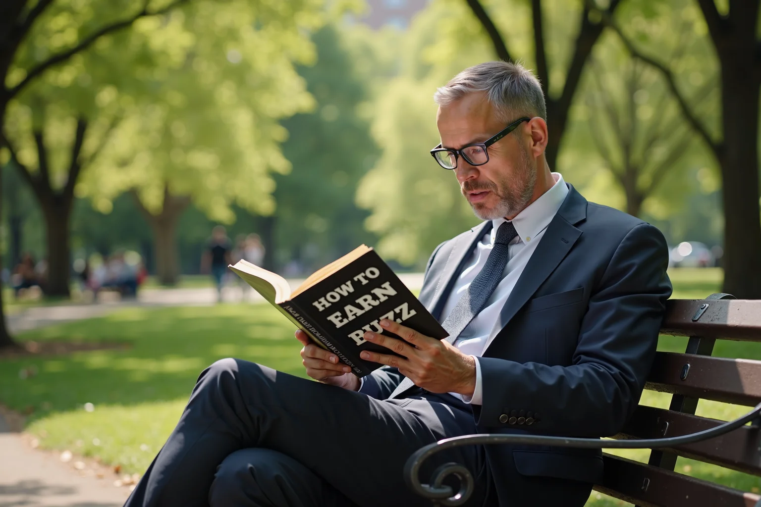 In Central Park on a sunny day, a businessman sits on a bench deeply absorbed in a book titled "HOW TO EARN BUZZ"