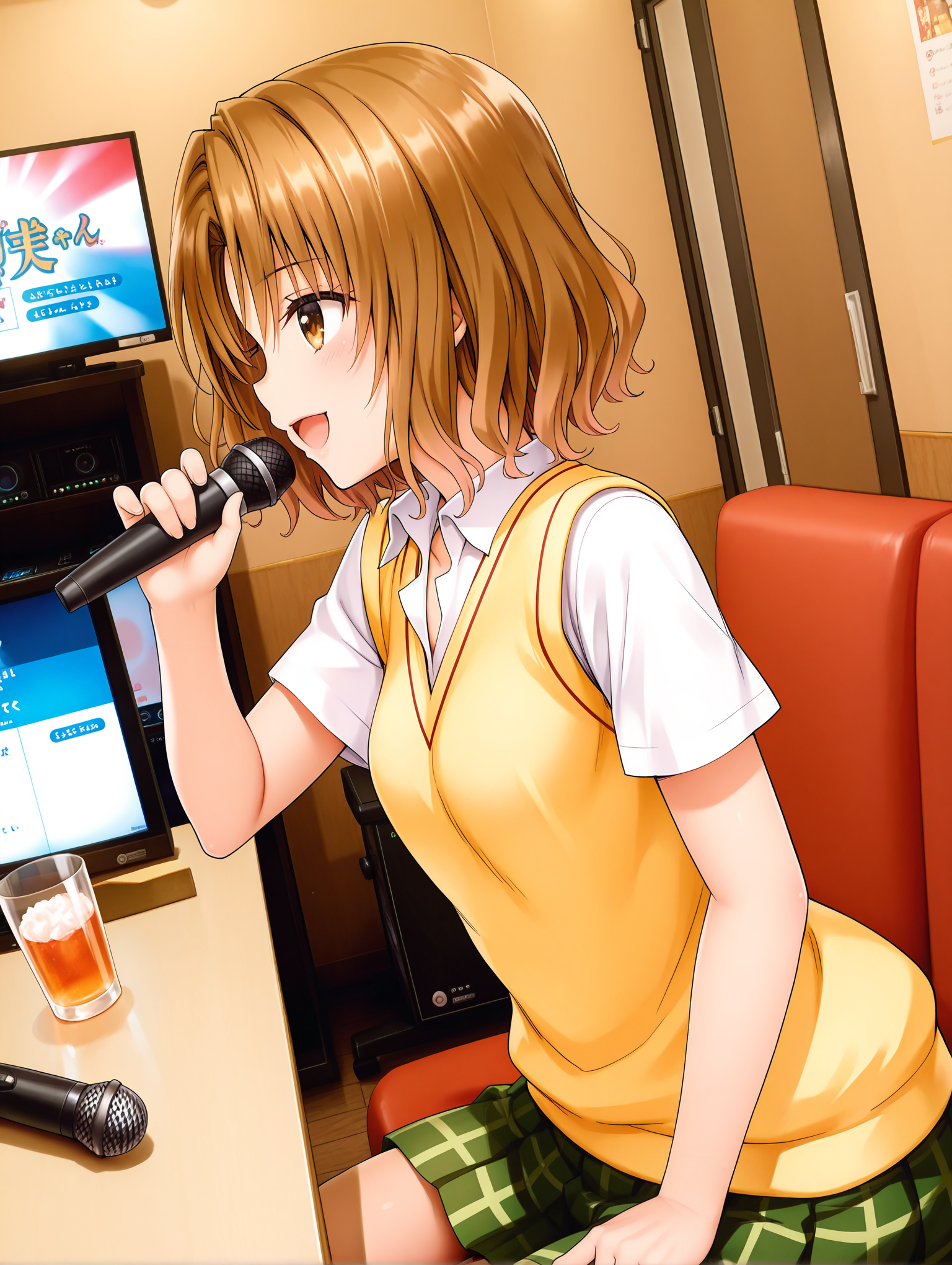masterpiece,best quality,newest,
1girl,solo,<lora:j_karaoke_ilxl_v1:1>,j_karaoke,
<lora:m_risa_ilxl_v1.1>,momioka,brown hair,brown eyes,m_clothes,short sleeve blouse,sweater vest,green plaid skirt,
<lora:Fixhands_anime_bdsqlsz_V1:1>,microphone,singing,standing,dynamic_angle,cinematic_angle,dutch angle,monitor,table,drinking_glass,smile,sitting,profile,upper_body,
