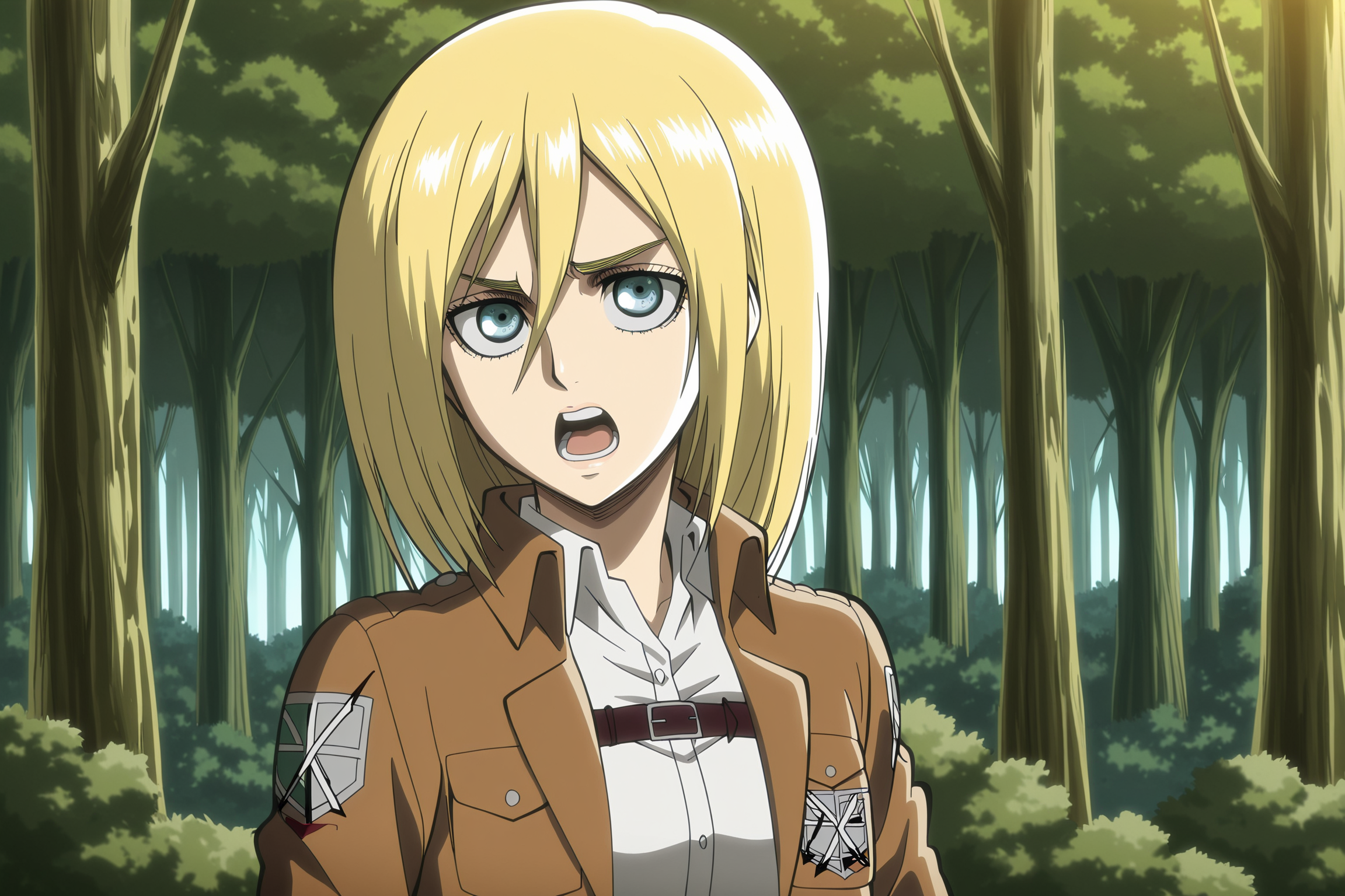 anime screencap, anime coloring, detailed face, masterpiece, best quality, very aesthetic, absurdres, volumetric lighting, official style, amazing quality, ultra detailed,  highres, amazing quality, scenery, beautiful detailed hair, beautiful detailed eyes, detailed fingers,
<lora:Historia_ReissKrista_Lenz_Attack_on_Titan_Seasons_1-3:1>
Survey Corps season 2 (outfit), Historia Reiss (character), paradis military uniform, 1girl, blonde hair, training corps (emblem), krista lenz, three-dimensional maneuver gear, emblem, solo, forest, sword, weapon, nature, blue eyes, jacket, short hair, war face, shouting