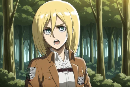 anime screencap, anime coloring, detailed face, masterpiece, best quality, very aesthetic, absurdres, volumetric lighting, official style, amazing quality, ultra detailed,  highres, amazing quality, scenery, beautiful detailed hair, beautiful detailed eyes, detailed fingers,
<lora:Historia_ReissKrista_Lenz_Attack_on_Titan_Seasons_1-3:1>
Survey Corps season 2 (outfit), Historia Reiss (character), paradis military uniform, 1girl, blonde hair, training corps (emblem), krista lenz, three-dimensional maneuver gear, emblem, solo, forest, sword, weapon, nature, blue eyes, jacket, short hair, war face, shouting