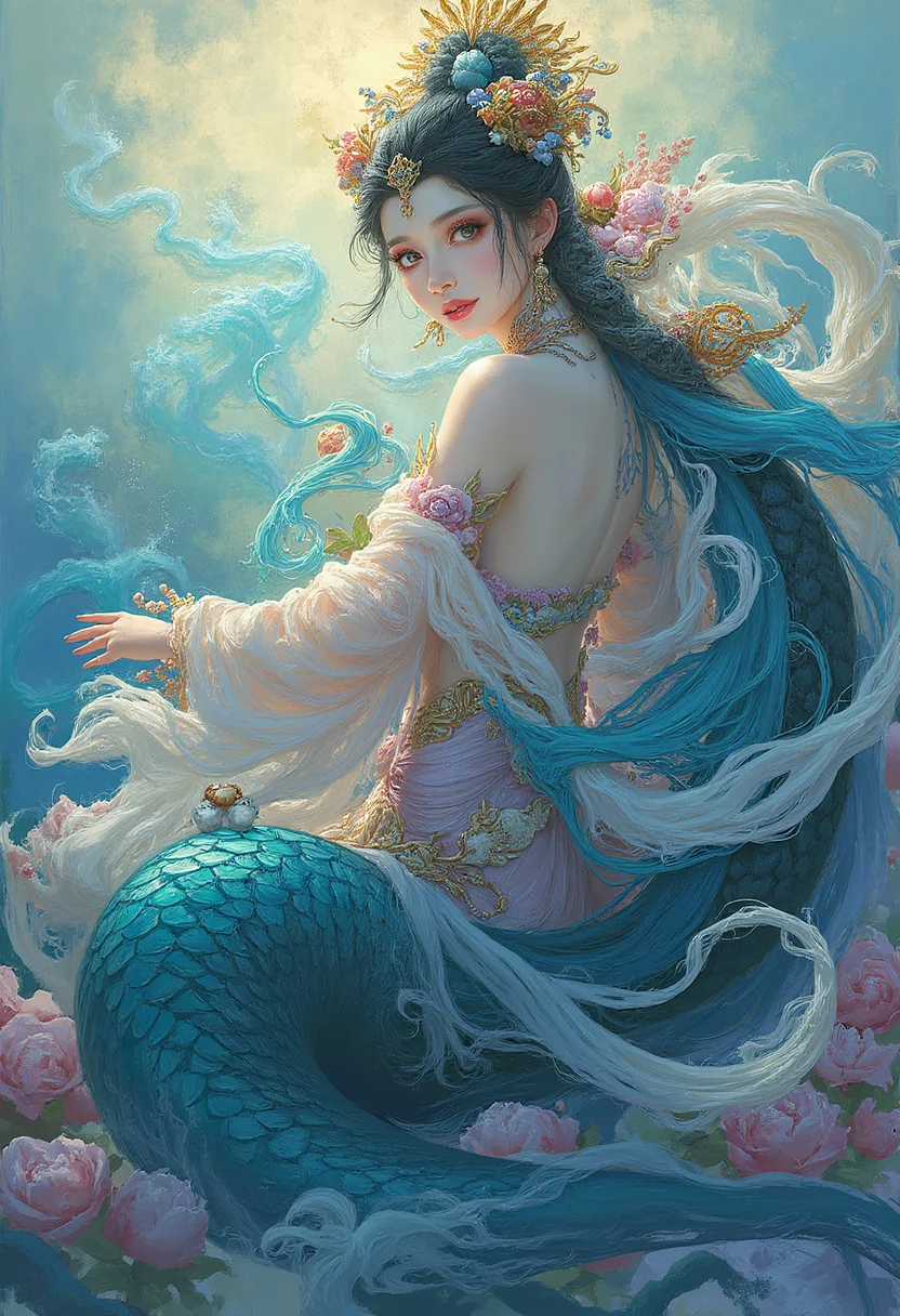 there is a woman that is sitting on a flower, queen of the sea mu yanling, concept art | feng zhu, asian female water elemental, heise-lian yan fang, portrait of mermaid queen, by Lu Zhi, by Xu Wei, full - body artwork, style of feng zhu, by Zhang Sengyao, by Yun-Fei Ji,