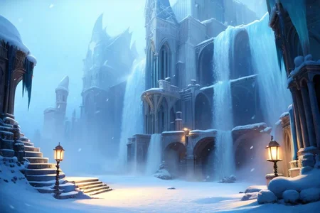(masterpiece, best quality:1.2), Numenor, waterfall, medieval fantasy city, stairs, (street lamp:0.8), ice, snowing, morning, fog, professional lighting, 8k ultra detailed, photorealistic, cinematic shot <lora:Numenor:0.7> <lora:RealmsOfIce:0.7> <lora:add_detail:0.8>