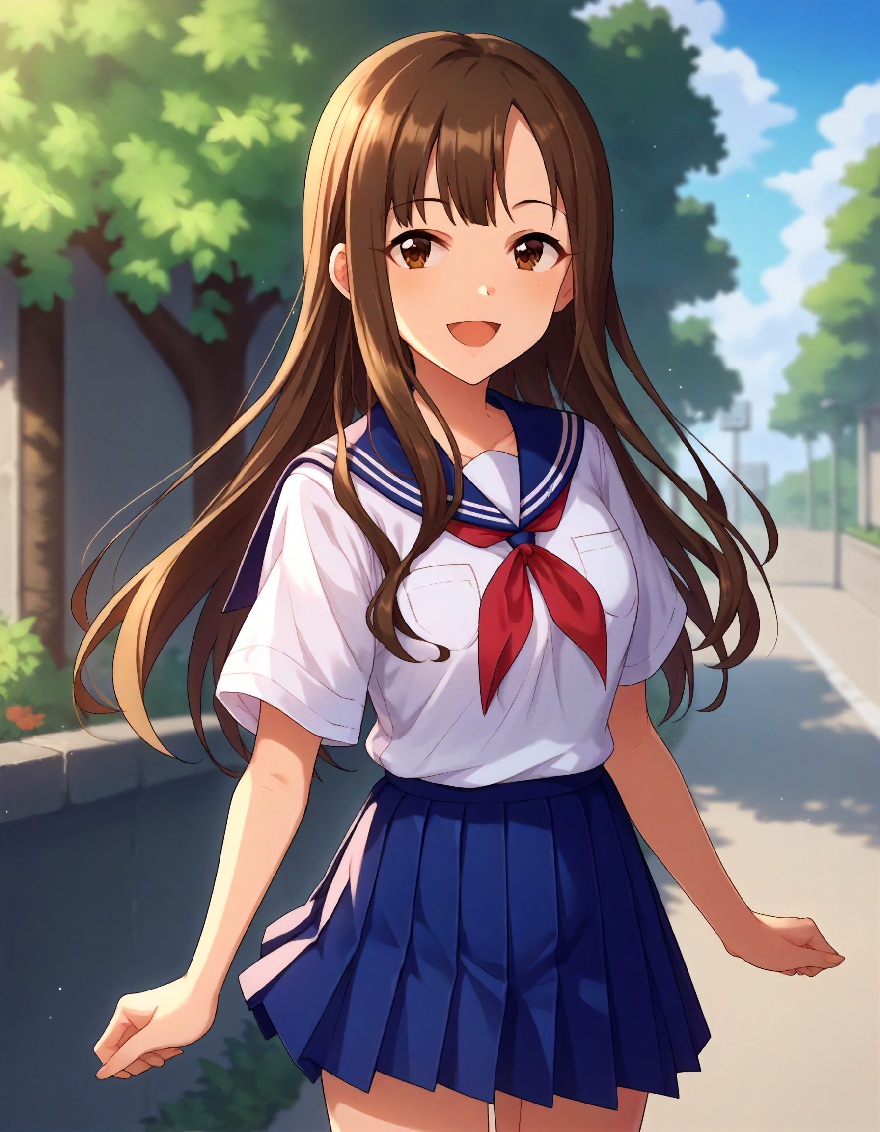 score_9,score_8_up,score_7_up,1girl,solo,cowboy shot,looking at viewer,smile,open mouth,outdoors,
<lora:mizumotoyukari_ponyXLV6:0.8>,cgmy,
brown hair,long hair,brown eyes,
school uniform,white shirt,red neckerchief,blue pleated skirt