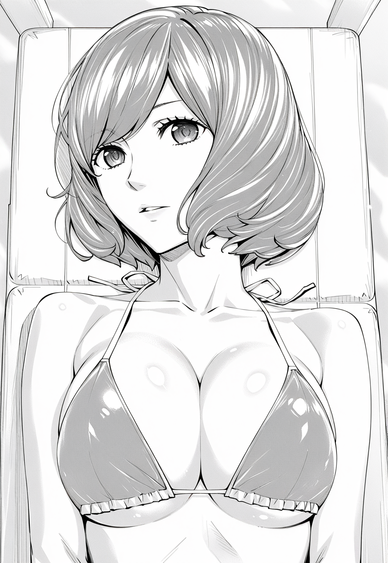 ultra-detailed,detailed face, score_9, score_8_up, score_7_up, source_anime,(extremely detailed CG), (best quality),masterpiece, best quality, very aesthetic, ery aesthetic, absurdres, stylized, newest, depth of field, HDR, high contrast, sharp focus, 8k resolution, digital art, greyscale, monochrome, 
1girl, monochrome, greyscale, solo, looking at viewer, short hair, rioli,
greyscale, monochrome, 1girl, solo, breasts, swimsuit, bikini, looking at viewer, large breasts, short hair, lying, cleavage, on back, 
 <lora:rioli:0.9>