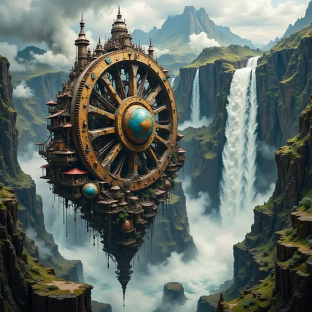 A colossal, intricate fantasy steampunk waterwheel, adorned with brass filigree and copper accents, powers a majestic floating village, with thatched roofs and billowing smoke, suspended high above the mist-shrouded depths by a latticework of wooden beams and steam-powered pulleys, as a gargantuan, surreal waterfall cascades down a sheer, rugged cliffside, its torrential waters churning the wheel's massive, toothed cogs, surrounded by a halo of mist and spray, evoking the atmospheric, cinematic scenery of Syd Mead, the mechanical, industrial elegance of H.R. Giger, and the epic, dreamlike quality of Zdzisław Beksiński.