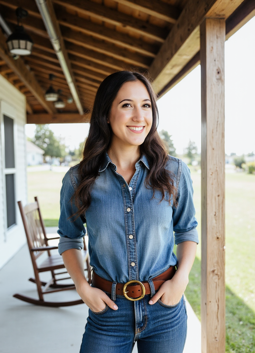 SFW, brightly lit, The image is a portrait of a woman standing on a porch with a wooden pergola. She is wearing a denim shirt with a button-down collar and blue jeans. She has a brown belt around her waist and her hands are in her pockets. The woman has e hair styled in loose waves and is looking off to the side with a slight smile on her face. In the background, there is a wooden rocking chair and a white wall with a window. The sky is blue and the grass is green, suggesting that the photo was taken during the day., aidmaimageupgrader<lora:flux\custom\celebrity\vanessa-carlton.safetensors:1.05:1.05> <lora:flux\turbo-8-step-flux.safetensors:0.5:0.5> <lora:flux\style\Common\aidmaImageUprader-FLUX-v0.3.safetensors:0.25:0.25>