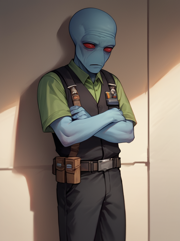 score_7_up, score_8_up, score_9, masterpiece, (1boy, solo,)perfect face, perfect hands, high quality, source_anime, cowboy shot, <lora:Duros_-_Star_Wars:1> duros, 1boy, colored skin, alien, red eyes, blue skin, bald, hiding behind corner, black vest, green undershirt, black pants, utility belt,